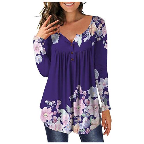 3xl Plus Size Floral Printed Tunic Shirts Fashion Round Neck