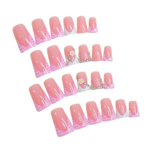 French Pink Long Fake Nails with Rhinestone Durable & Never