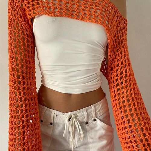 Forefair 2023 Summer Green Long Sleeve Smock Knitted Crop To