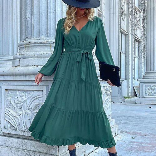 2024 Women Casual Long Sleeve v Neck Fall Dress Bohemian