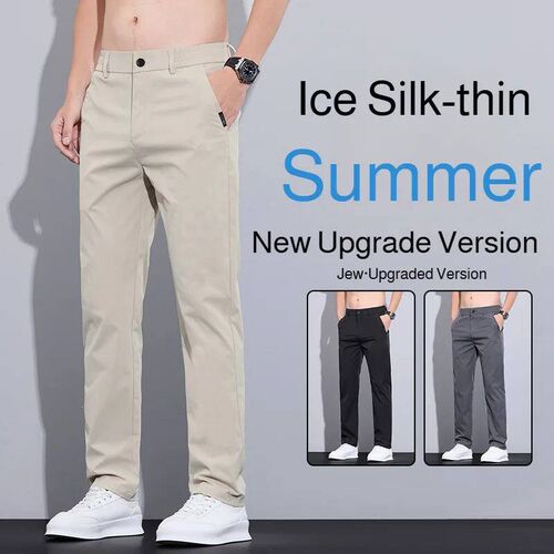 Mens casual pants thin ice silk summer slim straight pants