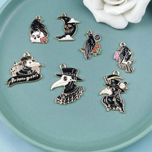 JeQue 10pcs/pack Halloween Cute Bird Crow Skeleton Enamel Ch