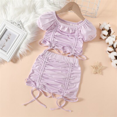 Little Baby Girl Two-Piece Outfits Solid Tie-Up Straps Pleat