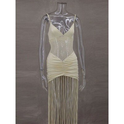 Hollow Out See-through Long Dress Women Holiday Tassels High