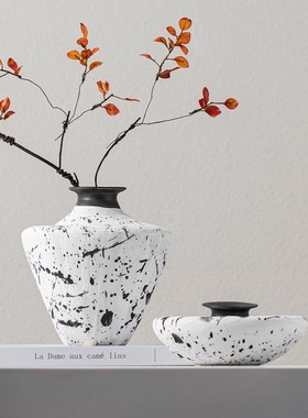 白色手工水墨染侘寂风复古陶瓷花器宋代美学复古中式民宿酒店摆件