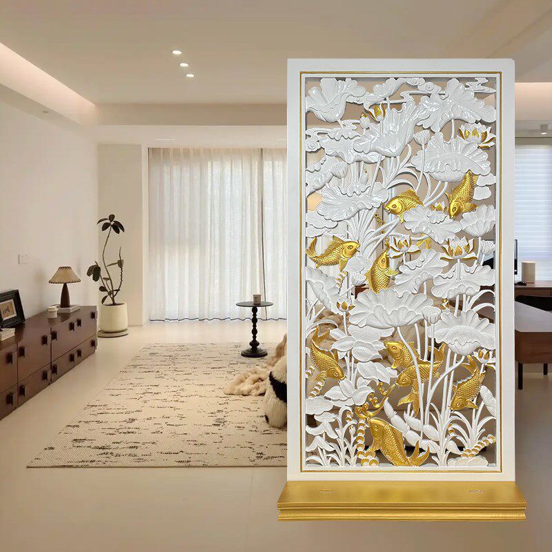 欧美意式风格实木雕刻荷花九鱼屏风隔断图镂空描金工艺可带底座