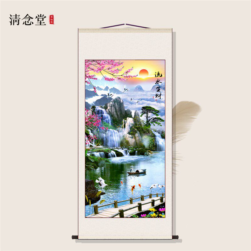 办公室靠山挂画卷轴装饰画风景挂画客厅竖版流水生财聚宝盆山水画