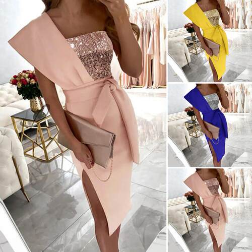 Women One Shoulder Slit Bodycon Dress Summer Elegnat Sashe