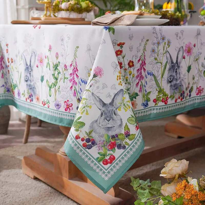 Easter Tablecloth Rabbit Flowers Spring Waterproof Table Cov - 实物图