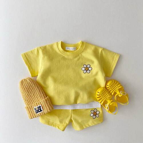 2023 Summer Girls Clothes Set Flower Short Sleeve Sweatshirt