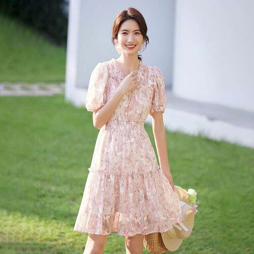 Amoi commuting ladies embroidered puff sleeve V-neck chiffon