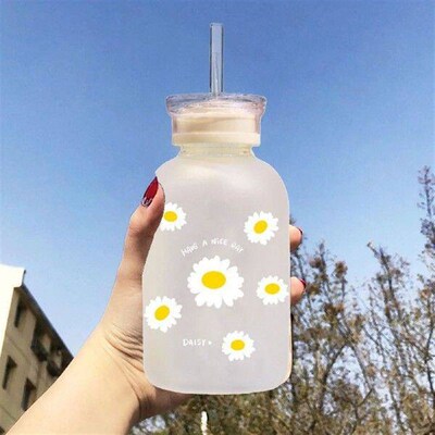 Milk Juice Cute Water Bottle With Straw And Scale 2 Lids
