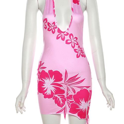 Kliou Floral Print Halter Mini Dress Women Summer New