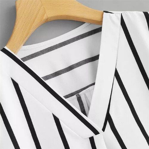 Autumn Long Sleeve V Neck Irregular Stripe Shirt Women Casua