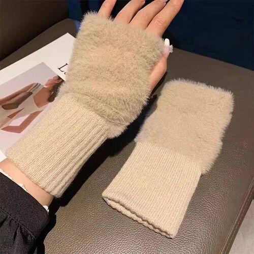 1pair Pure Knitted Half Finger Gloves for Women,Winter Outdo