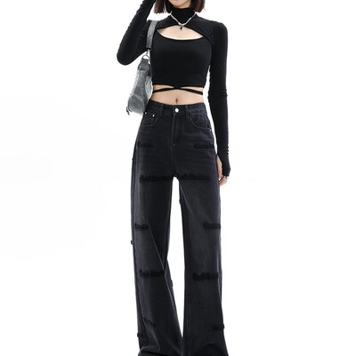 GUUZYUVIZ High Set Embroidered Jeans Woman Loose Wide Leg St