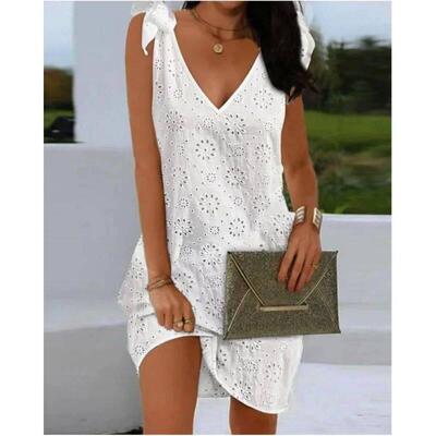 Elegant Dresses V-Neck Eyelet Embroidery Tied Detail