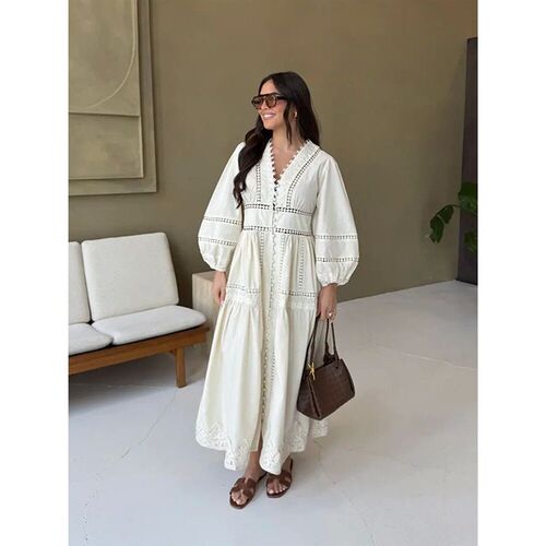 Elegant Lace Hollow Out Womens Long Dress Solid V-neck