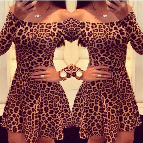 Women Leopard Dresses  Summer Sexy Off Shoulder Bodycon