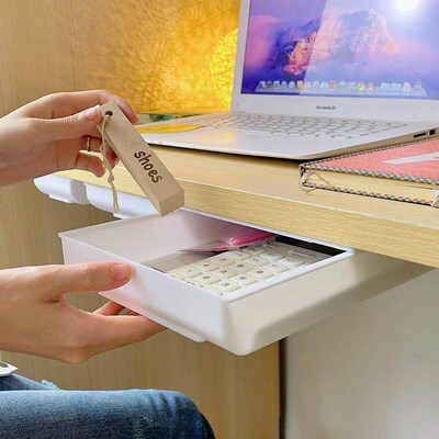 Under-table hidden drawer storage box, no drilling required,