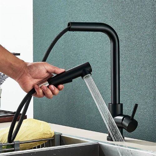 Black Pull Out Kitchen Sink Faucet Flexible 2 Modes Sream &