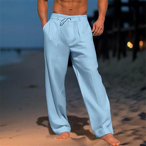 Mens linen long pants beach pants with breathable front