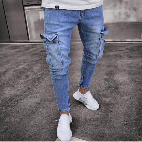 Stretch mens jeans with knee hole zipper and small leg