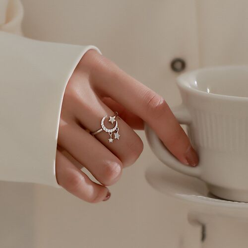 Korean New Trendy Zircon Star Moon Tasscel Rings For Woman C