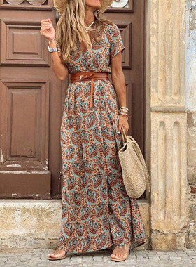 Fashion Boho Long Dress for Women V Neck Short Sleeve Paisle