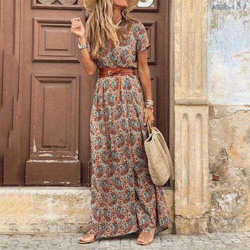 Fashion Boho Long Dress for Women V Neck Short Sleeve Paisle