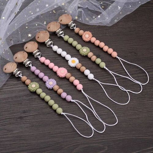 Baby Beech Wood Pacifier Silicone Flower Beaded Nipple Clips