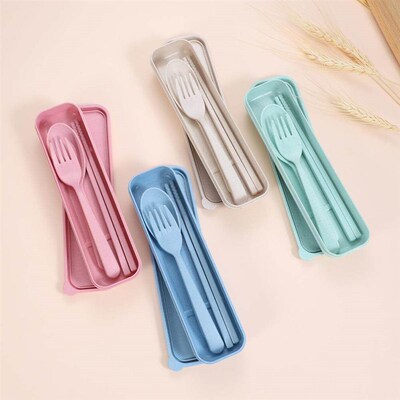 4PCS/Set Cutlery Tableware Spoon Fork Chopsticks Safe Wheat