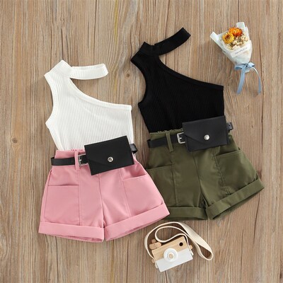 Infant Kids Bbay Girl Tanks Vest ops + Shorts + Waist Bag, P