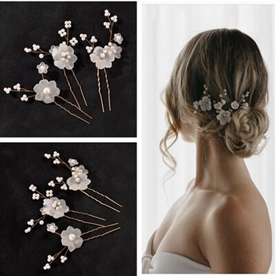 3pcs White Flower U Shaped Hairpin Pearl Elegant Hair Clips