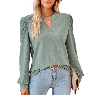 Women Long Sleeve V-neck Jacquard Splice Solid Loose