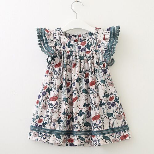 2023 New Summer Girls Dress Baby Cute Flower Pleated Sleeve