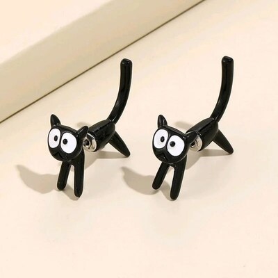 New Funny Small Black Cat Earring for Women Girl Fashio