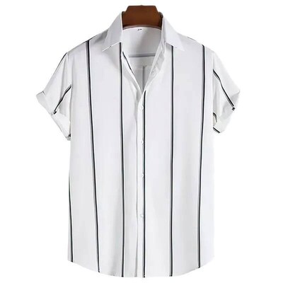 Mens Hawaiian Shirt Summer Stripes Print Short Sleeve Top T