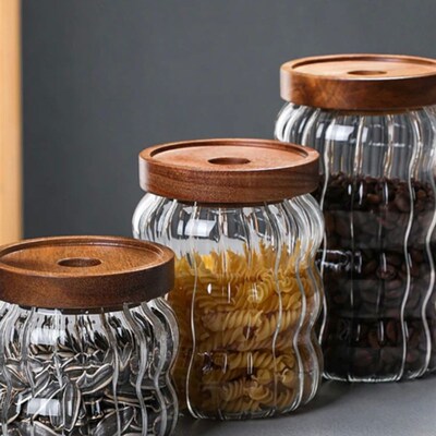 Striped Glass Sealed Jar With Lid Kitchen Food Container Gou