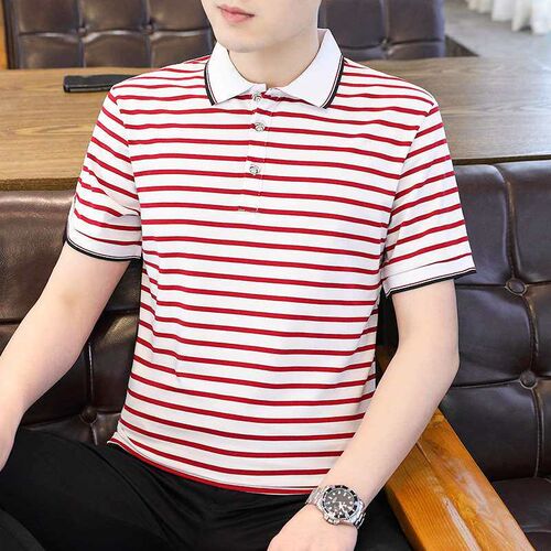 Short-sleeved POLO Shirt Mens Slim-fit Striped Fashionable