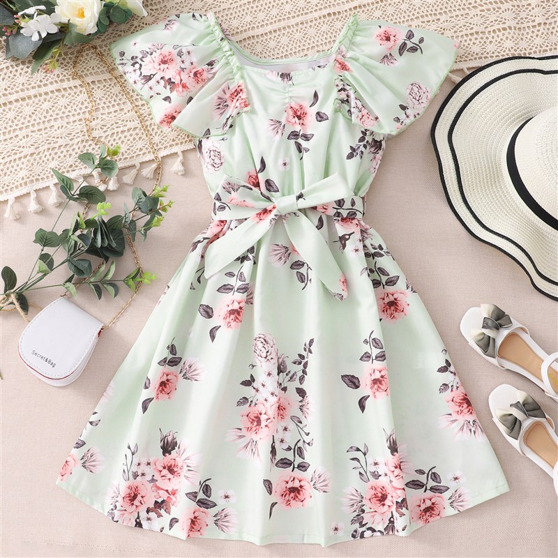 Girls A Line Dress Short Sleeve Floral Dresses Elegant Casu图片