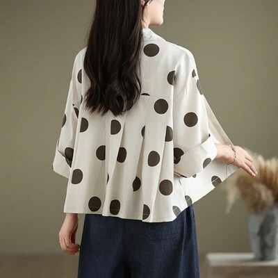 Loose Polka Dot Cotton Linen Short Sleeve Shirt Casual Sprin
