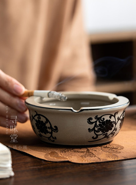 民窑雕花烟灰缸复古风超大号烟缸磁州窑大容量创意客厅陶瓷摆件