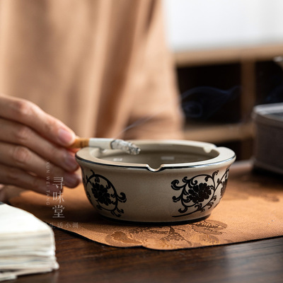民窑雕花烟灰缸复古风超大号烟缸磁州窑大容量创意客厅陶瓷摆件