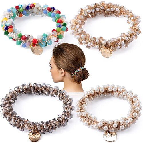 1pc Women Crystal Pearls Hair Rope Handmade Elastic Beaded t
