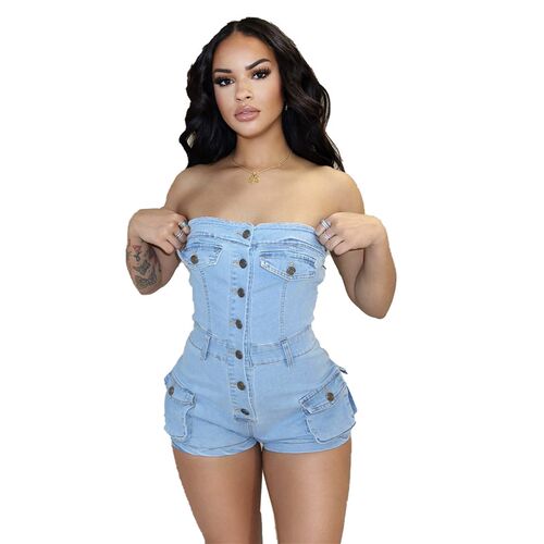 Denim Jumpsuit F88554 In Stock Hot Strapless Sretch Jumpsuit