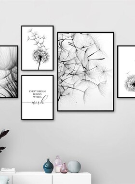Modern Dandelion Wall Art  Painting Black White Wish Quote P