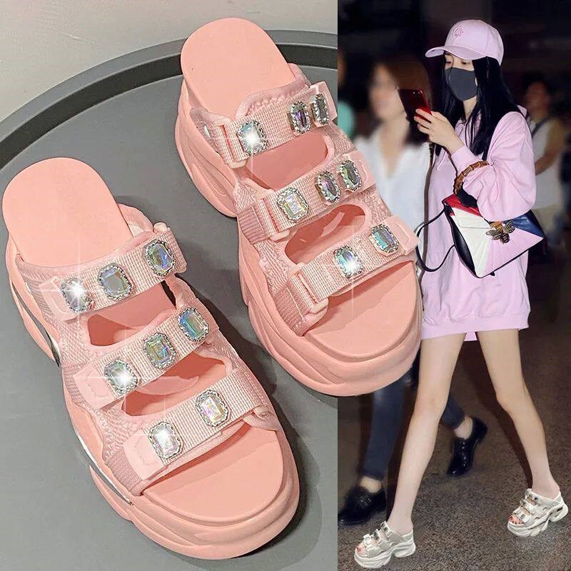 European Rhinestone Buckle Thick Bottom Higher Slope Heel - 实物图