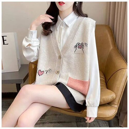 2024 Sweater Vest For Women Vintage Cartoon Print Knitted Ve