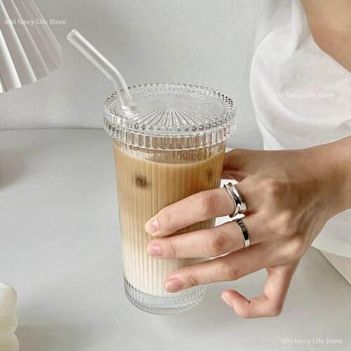 375Ml Simple Stripe Glass Cup With Lid and Straw Transparent